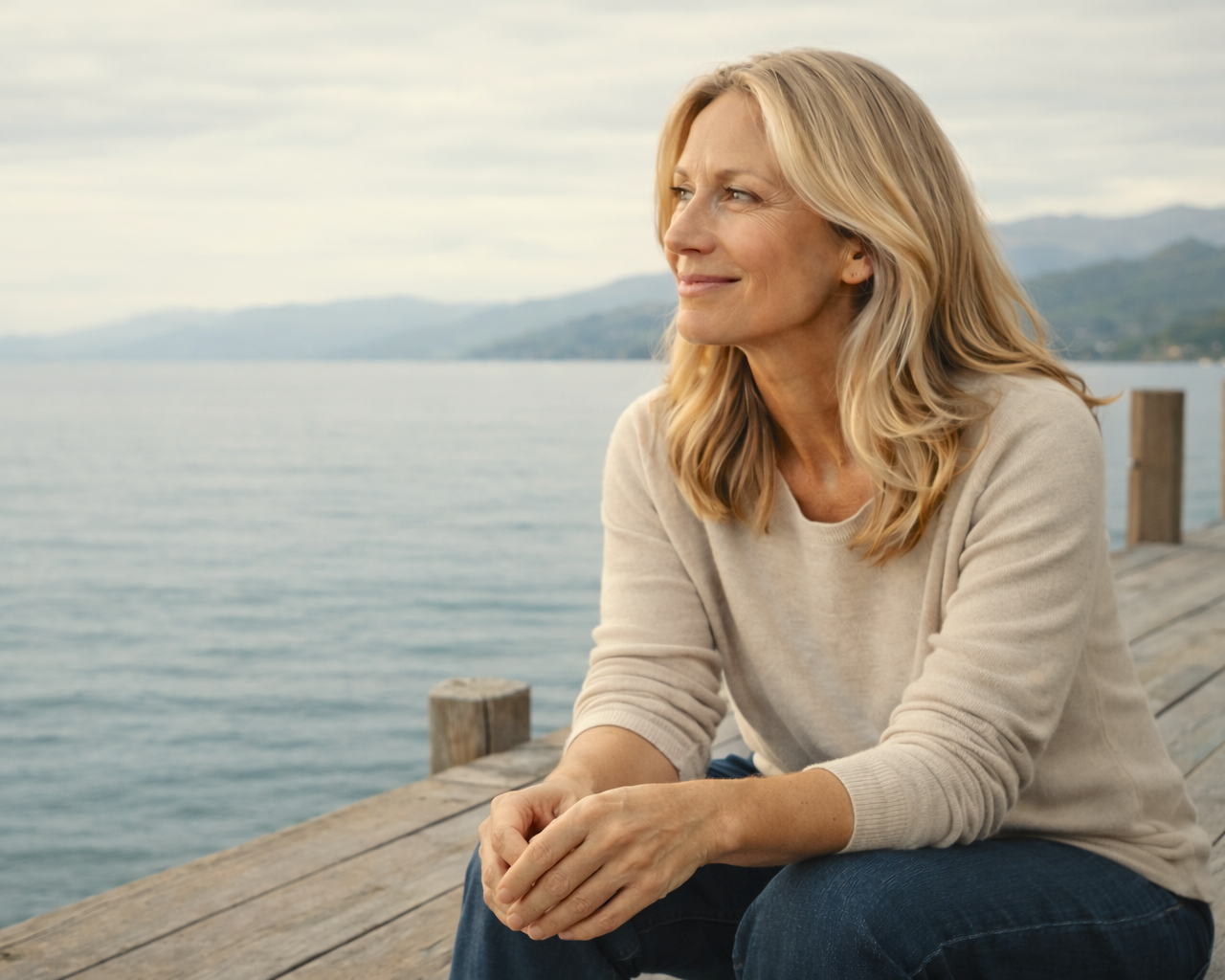 Older woman with blonde hair in a beige sweater sitting on a wooden dock by the water, looking to the right with mountains in the background - representing someone wanting to address what needs attention in their life.