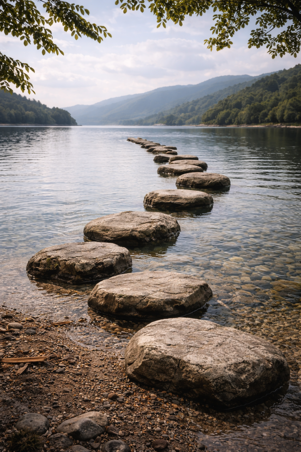 Large stepping stones lead across a calm lake with mountains and trees in the background, under a partly cloudy sky - representing a new way forward and a new way of being.