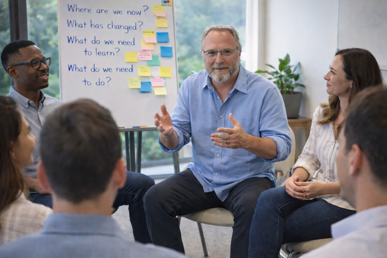 A group of people participating in a discussion in a room exploring team growth. Federico Larco is speaking, sitting in front of a whiteboard with questions and sticky notes.