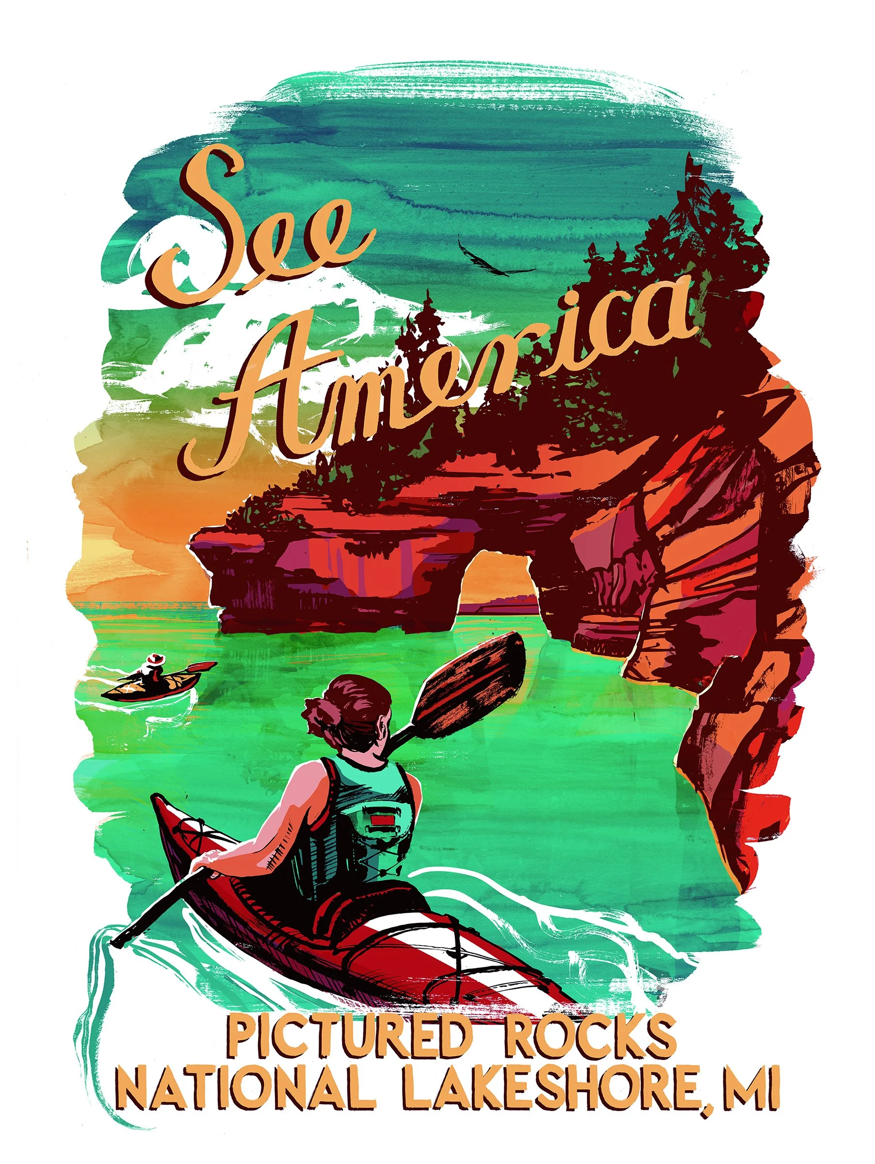 Illustration of a coastal scene at Pictured Rocks National Lakeshore, Michigan, featuring a person kayaking near colorful rocks and cliffs with the text 'See America' and 'Pictured Rocks National Lakeshore, MI'.