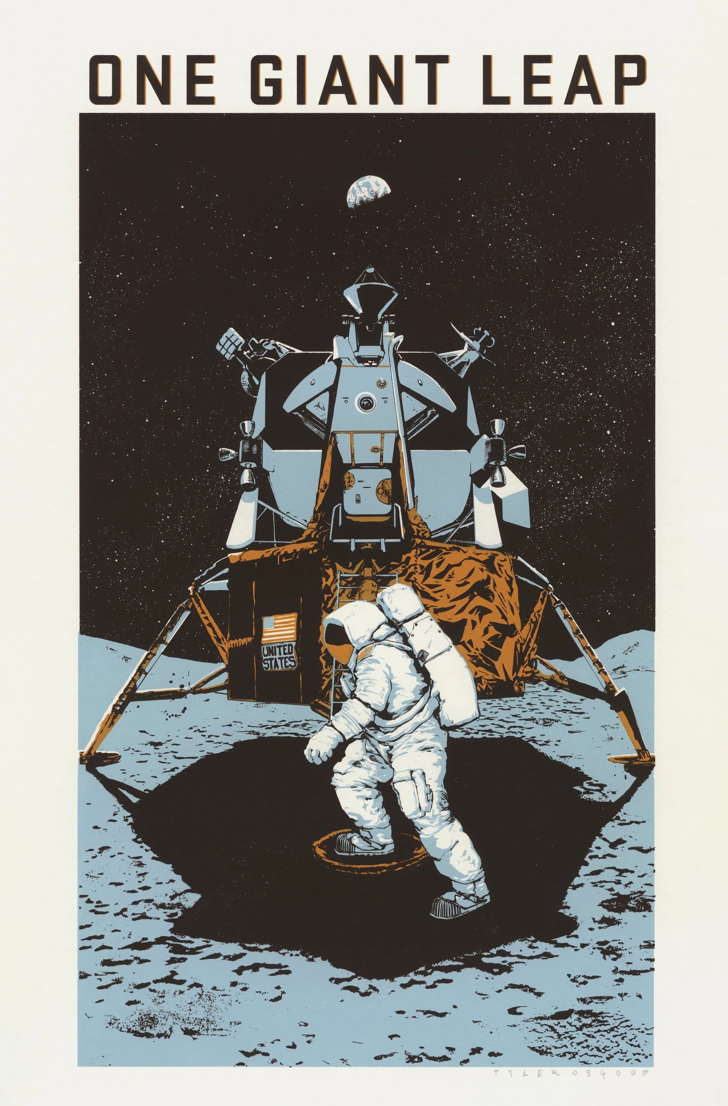 An astronaut in a space suit stands on the moon's surface, with a lunar lander behind them and Earth visible in space above. The text at the top reads 'ONE GIANT LEAP'.