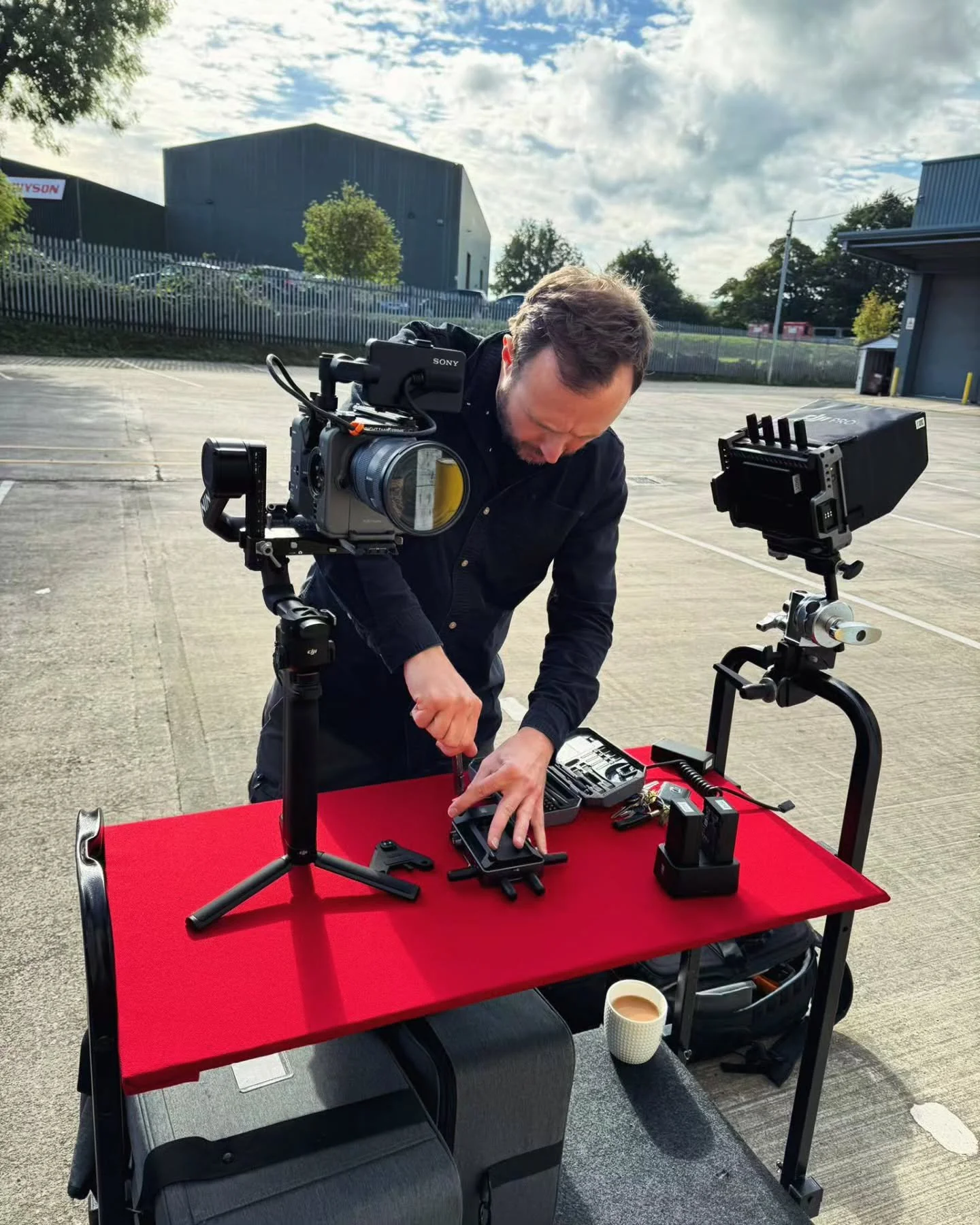 On set preparing the Sony FX6 and the DJI RS 4 Pro Gimbal.
