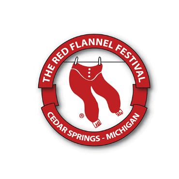 Logo for the Red Flannel Festival in Cedar Springs, Michigan, featuring a pair of red flannel pants hanging from a hanger, surrounded by red and white circular text.