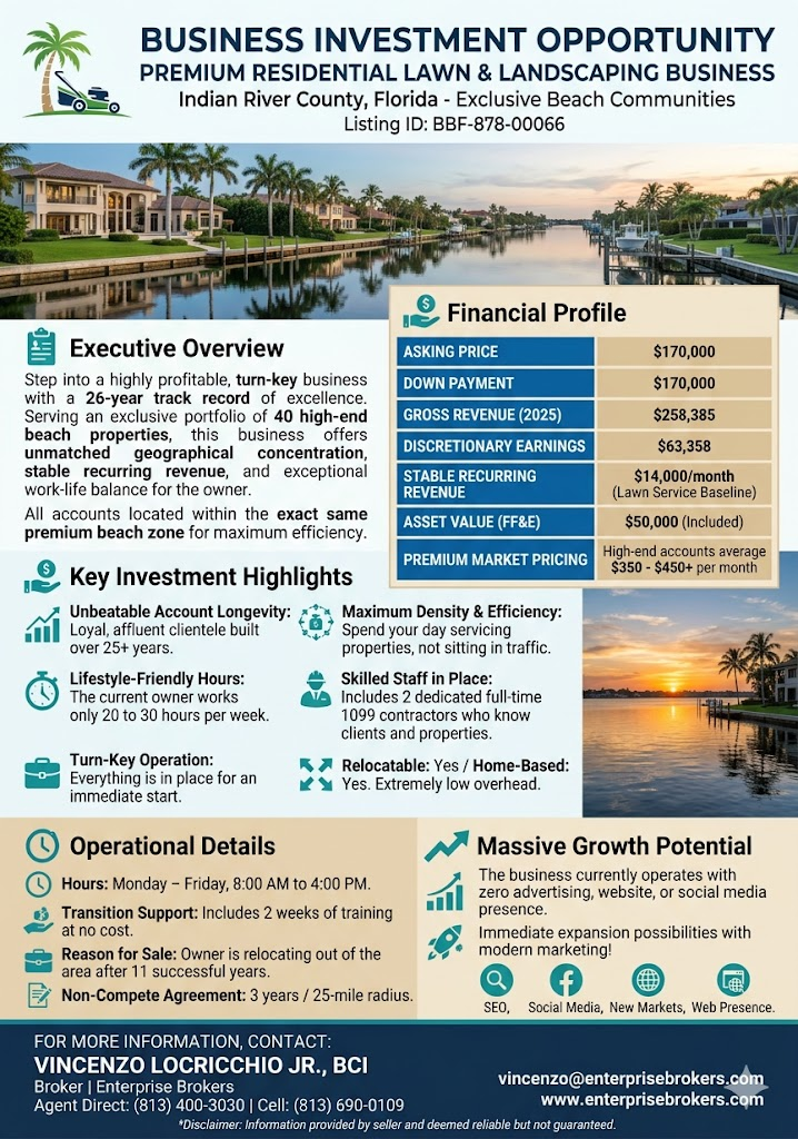 Vero Beach FL  luxury beachfront land and landscaping business in Indian River County, Florida, highlighting an investment opportunity with financial details, key advantages, operational info, and contact details.