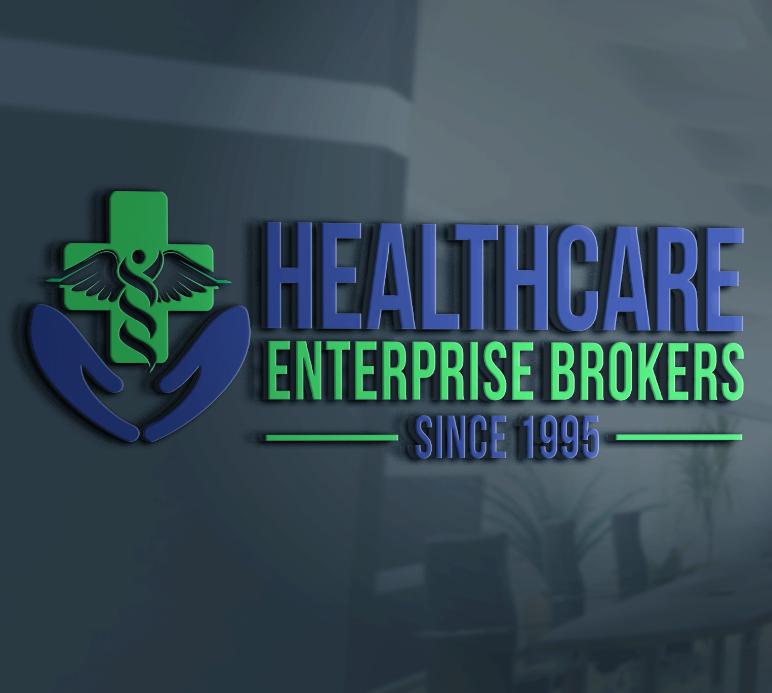 Logo of Healthcare Enterprise Brokers, established since 1995, featuring a green medical cross with a medical caduceus and two hands below.