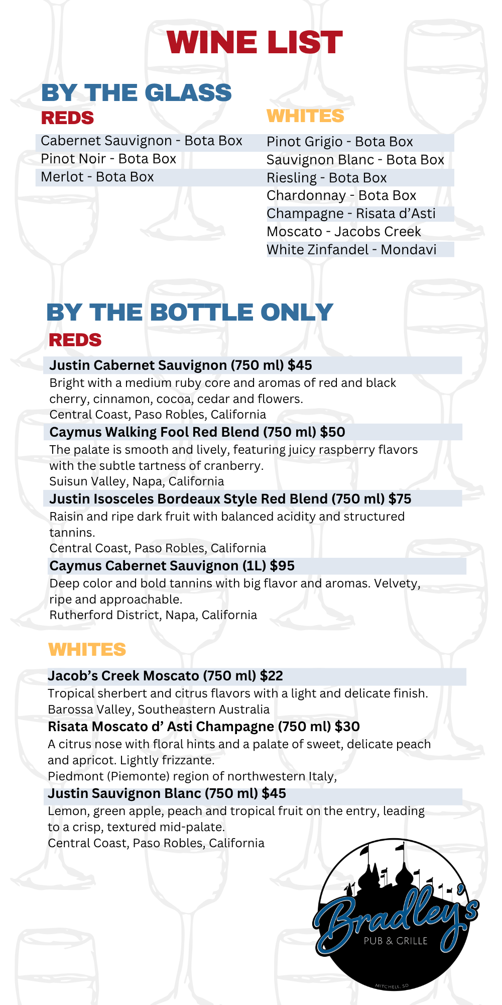 Listing of available wines at Bradley's Pub & Grille