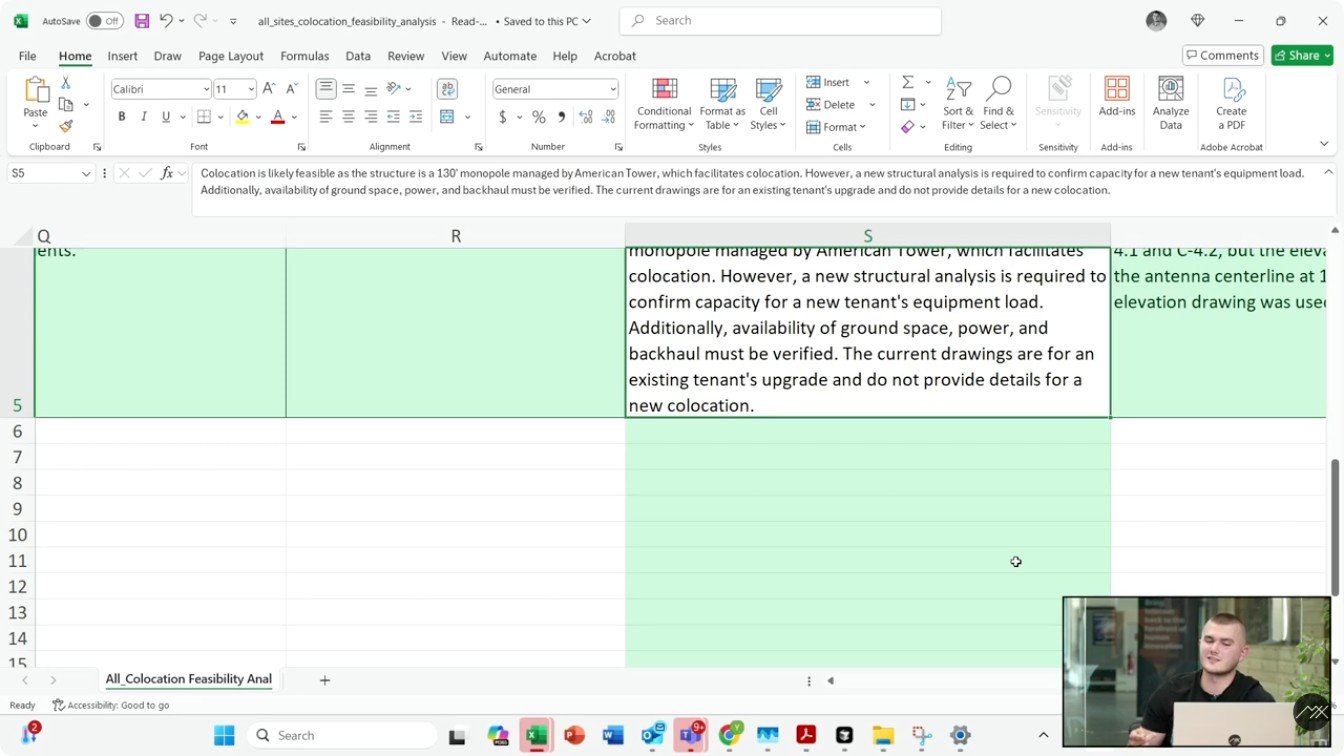 Still from the unveiling webinar: the collocation feasibility answer in a spreadsheet, stating that a new structural analysis is required to confirm capacity for a new tenant
