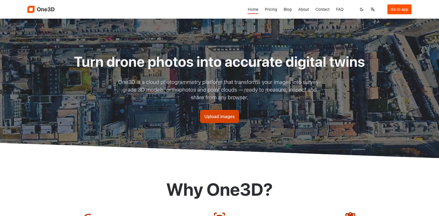 The One3D homepage at one3d.ai: turn drone photos into accurate digital twins, with the Upload images button