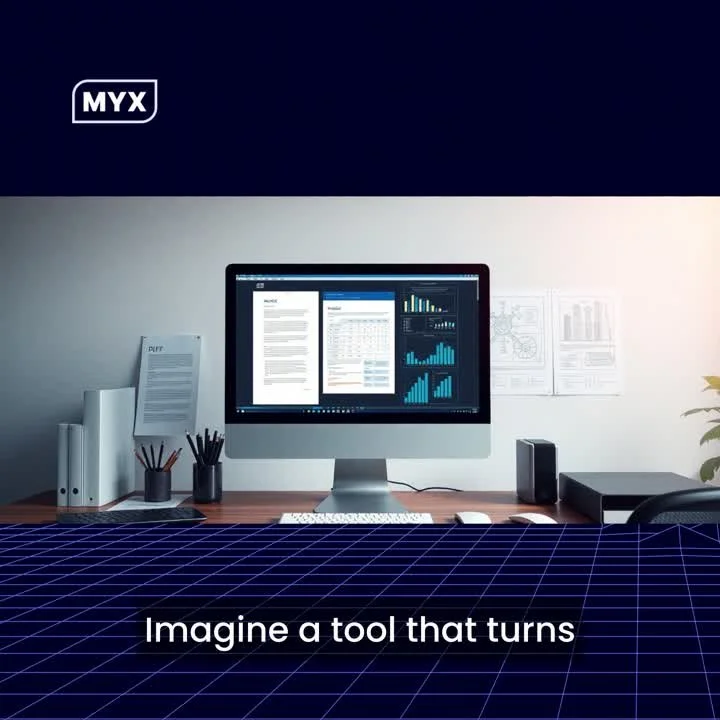 Cover frame of the MYX video on turning unstructured documents into structured tables: a monitor showing a document beside a data table