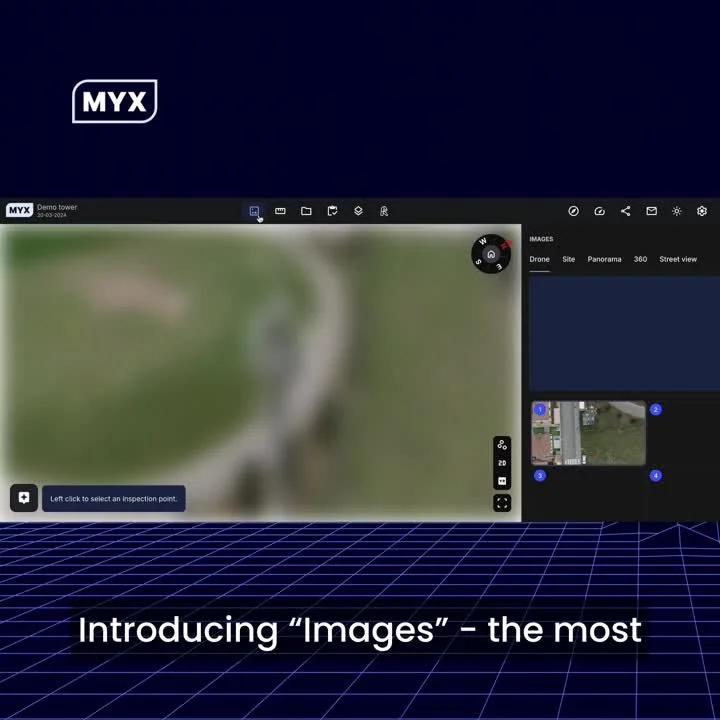 Cover frame of the Images episode: the MYX Twin Viewer with the Images panel open, showing the drone, site, panorama, 360 and Street View tabs
