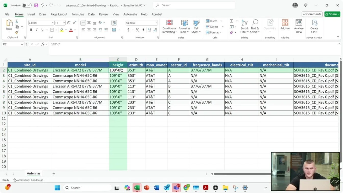 Still from the unveiling webinar: the extracted antenna table in Excel, one row per antenna with model, height, azimuth, operator and the source drawing for each row