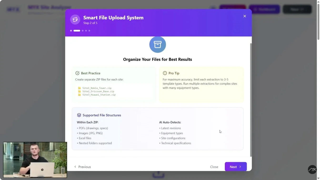 Still from the unveiling webinar: the upload step of the MYX Site Analyzer, one zip file per site with drawings, leases and images inside