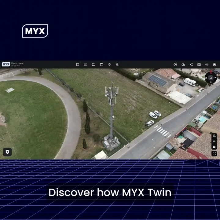 Cover frame of the Annotations and Measurements episode, showing a drone view of a demo tower site in the MYX Twin Viewer
