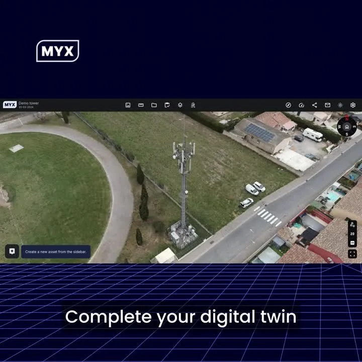 Cover frame of the Inventory episode: the MYX Twin Viewer showing a drone view of a demo tower site with the prompt to create a new asset from the sidebar