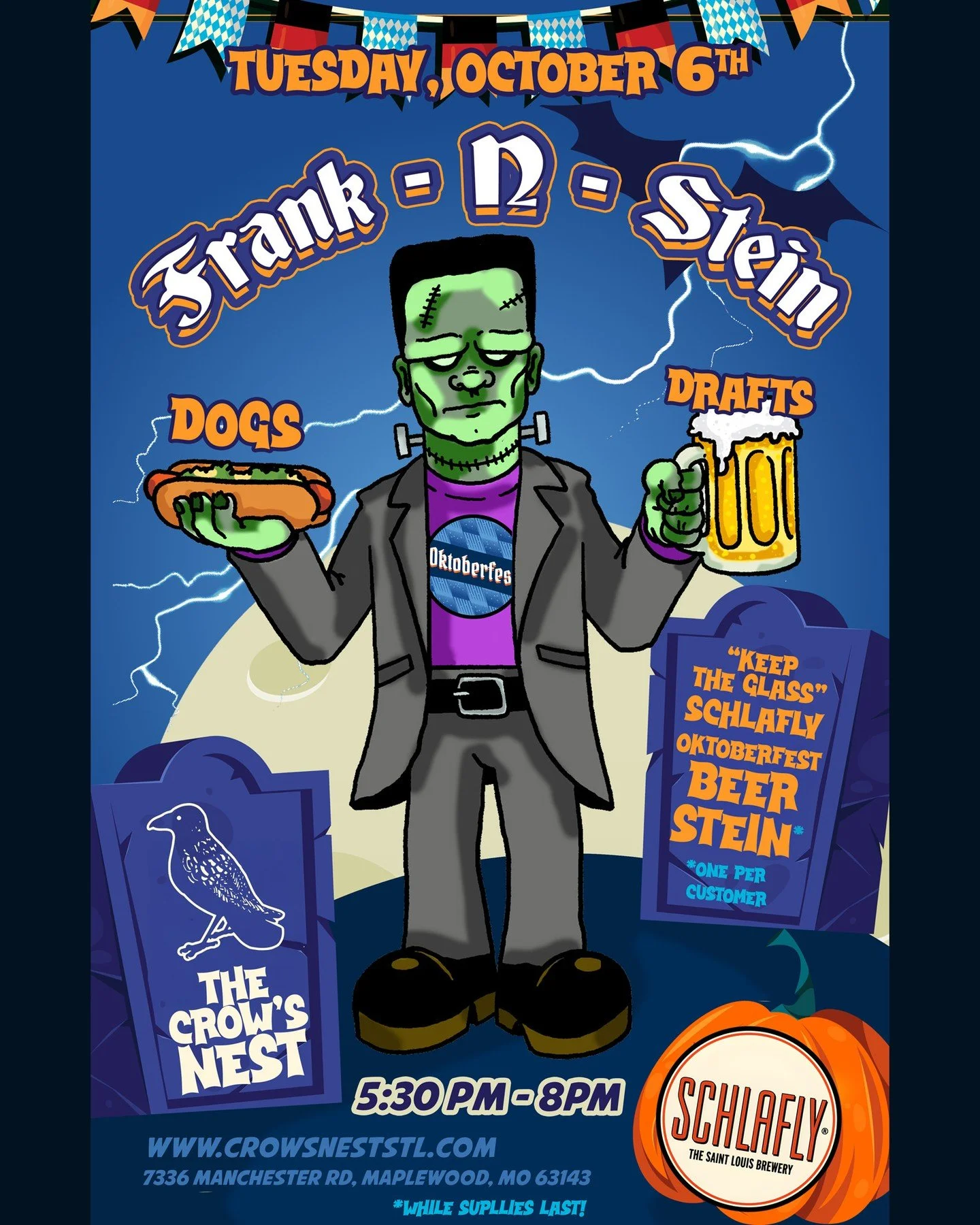 TONIGHT!! Tuesday, October 6th
FRANK-N-STEIN: Dogs &amp; Drafts
We will have hot dogs to eat &amp; "KEEP THE GLASS" Schlafly Oktoberfest beer steins (one per customer, while supplies last). You keep the mug!

5:30-8 pm
Sponsored by Schlafly