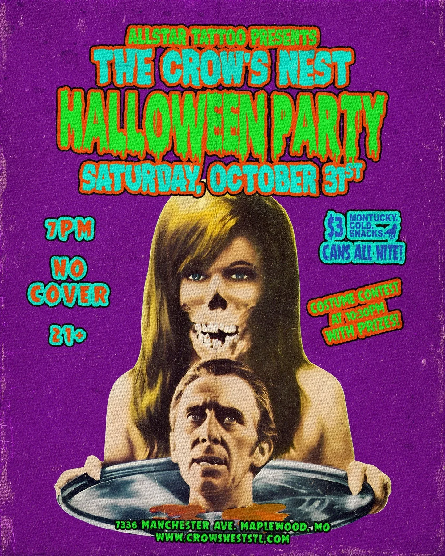 SATURDAY, OCTOBER 31st
Crow's Nest Halloween Party
Presented by All Star Tattoo @allstartattoo &amp; Montucky Cold Snacks @montuckycoldsnacks
featuring:
A Costume Contest at 10:30 PM
$3 - Montucky cans all nite!
Party starts at 7 PM
NO COVER! - 21+

