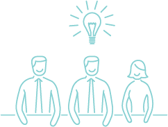 Three people sitting with a lightbulb above their heads indicating an idea.