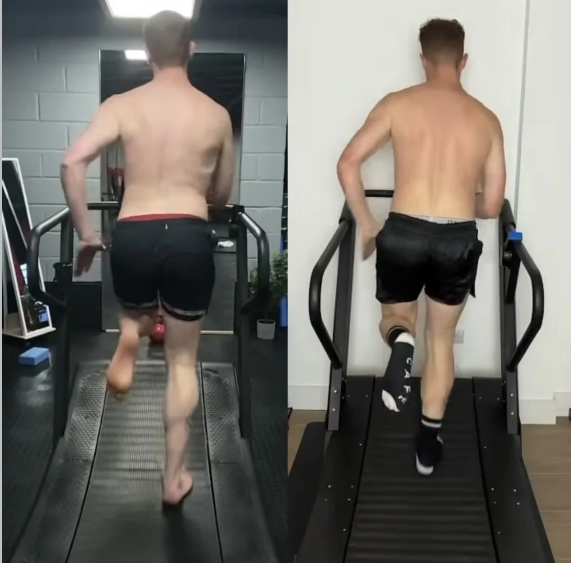 Side-by-side images of a shirtless man running on a treadmill, with the left image showing him in a gym with gray brick walls and the right image in a room with white walls and wooden flooring.
