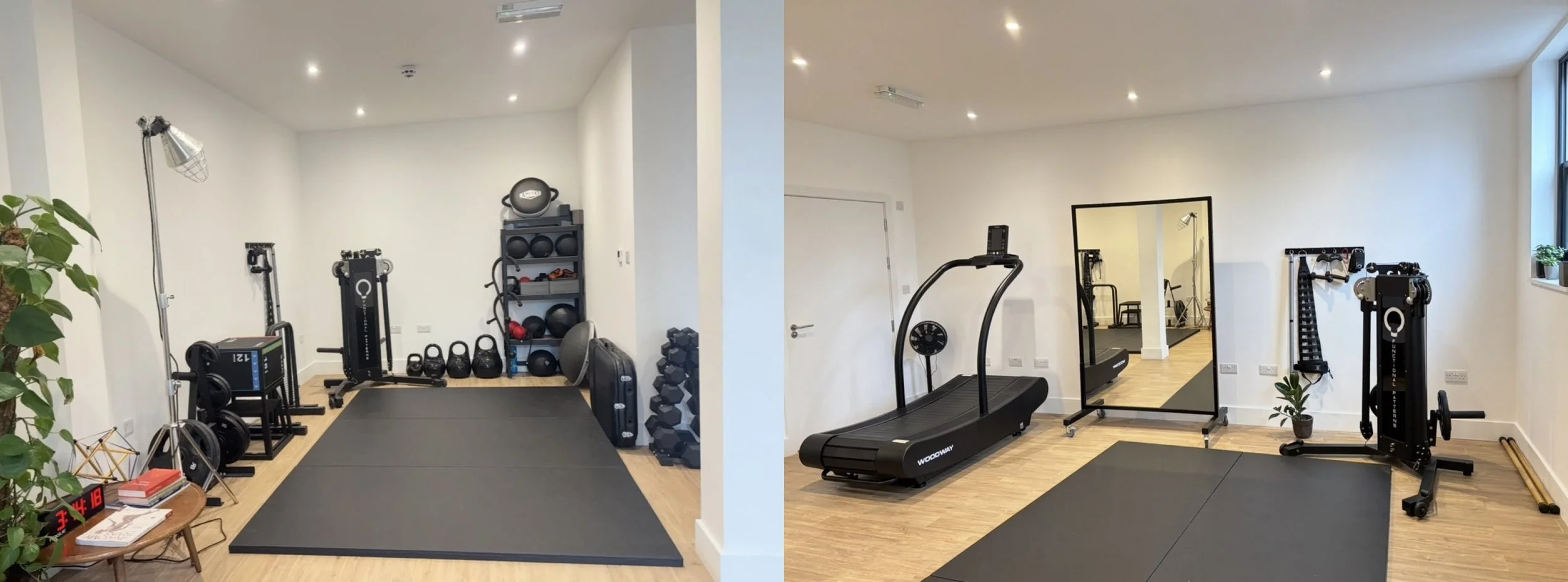 Functional Patterns London gym with white walls, wooden floors, and various Functional Patterns equipment including a Regen trainer, treadmill, weights, and a mirror.