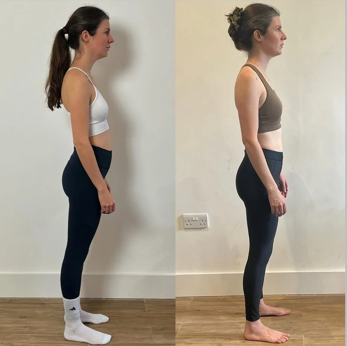 Side-by-side comparison of two women standing against a plain wall, showing physical transformation. The woman on the left is younger with long brown hair tied back, wearing a white sports bra and black leggings with white socks. The woman on the right is older with gray hair styled up, wearing a dark sports bra and black leggings, barefoot.