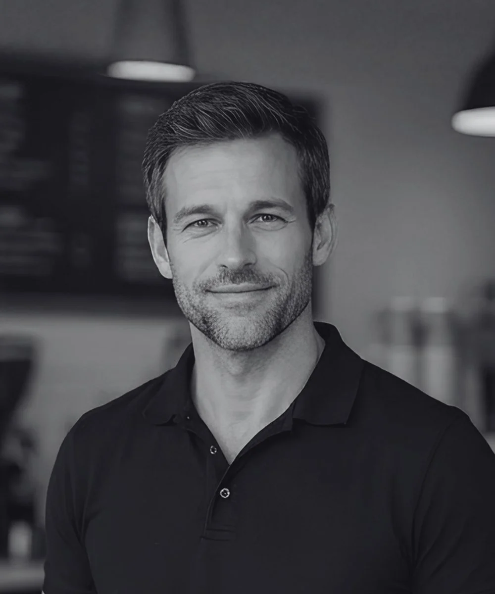 Black and white portrait of a smiling man with short, dark hair and facial stubble, wearing a collared shirt, standing in a modern indoor setting.