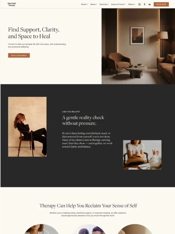 Website homepage for Solo Therapists, featuring a welcoming waiting room with chairs and a lamp, and sections discussing therapy services, support, and a consultation button.