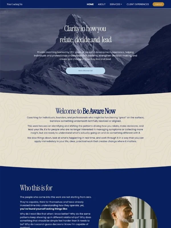 Homepage of a coaching website with a mountain background, main headline 'Clarity in how you relate, decide and lead,' and sections discussing personal development and client experiences.