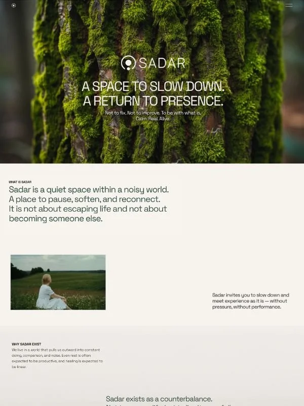 A webpage about Sadar, describing it as a quiet, calming space within a noisy world, encouraging slowing down and reconnecting. The page features a nature image of moss-covered tree bark and a person sitting in a field.