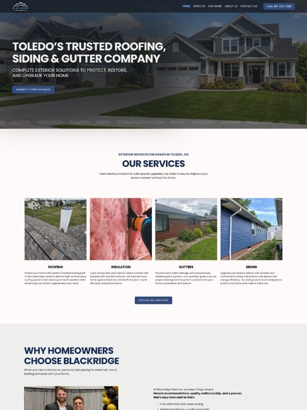 Web design for  US based Roofing company's homepage featuring house with blue siding, service offerings including roofing, insulation, gutters, and siding, and a section with a photo of two smiling homeowners.