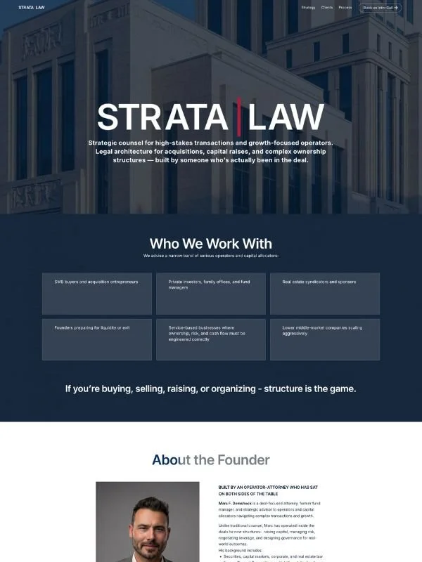 Screenshot of Strata Law website homepage with a dark blue background, displaying white text about legal services related to high-stakes transactions and growth-focused operators. Sections include 'Who We Work With' and 'About the Founder' with a professional photo of a smiling man in a suit.