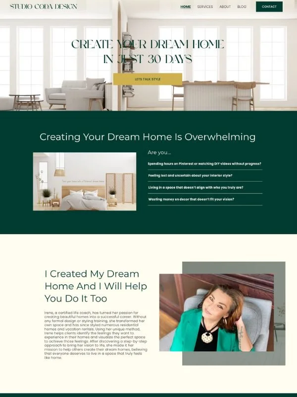 Custom Web design for Interior Designer featuring a bright, modern living room with large windows, white walls, and a message about creating a dream home in 30 days.