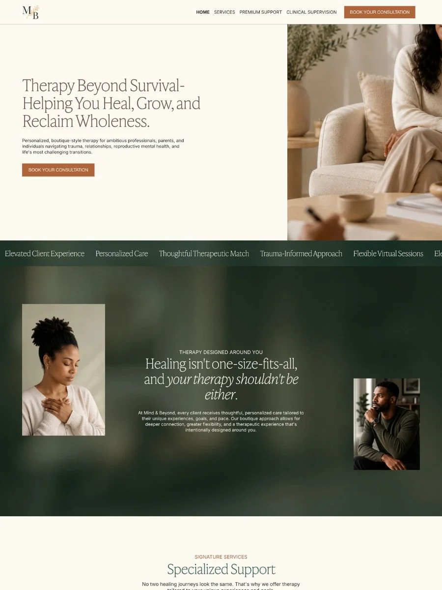 Custom Squarespace website design for a therapist and counseling practice.