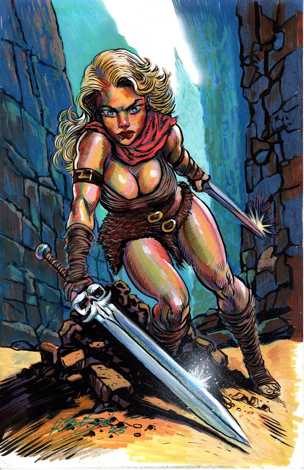 Lalla Charges with Skull-Biter — 11×17 Original Full-Color Art + B&W Prelim Sketch