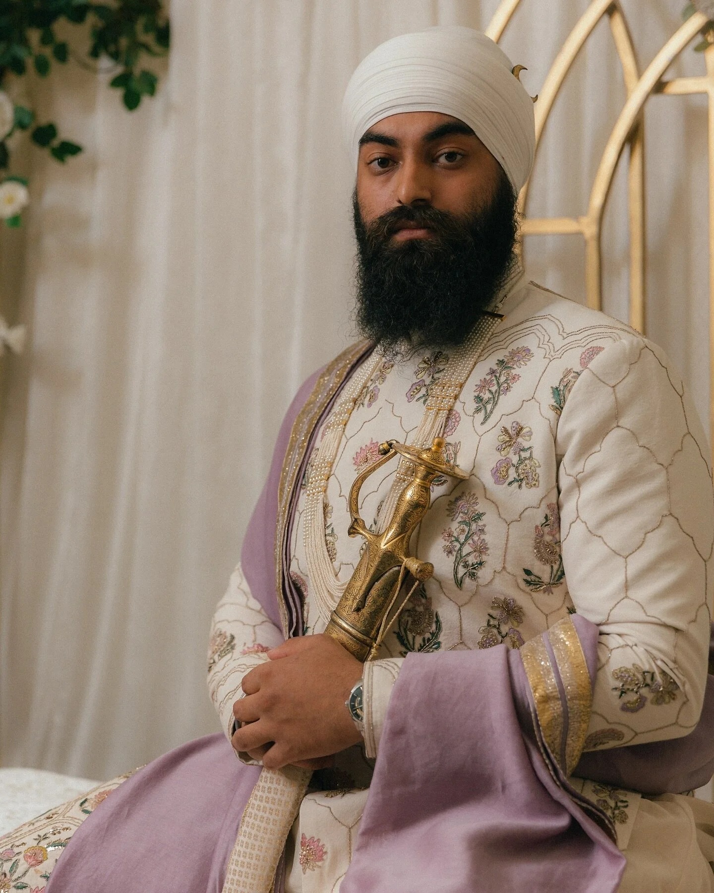 19.04 Groom | This piece was hand embroidered by our team of karigars (artisans). Each of our bespoke creations can take weeks to months to embroider, depending on the detail and complexity of the design.  Our aim is to create timeless pieces, using 