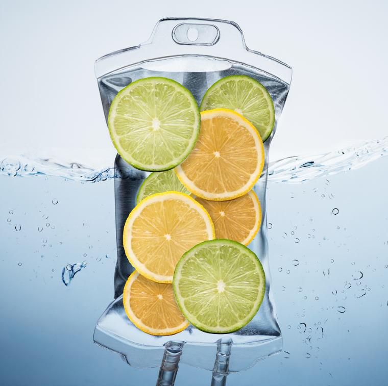Slices of lemon and lime inside a clear ice pop with water splashing around.