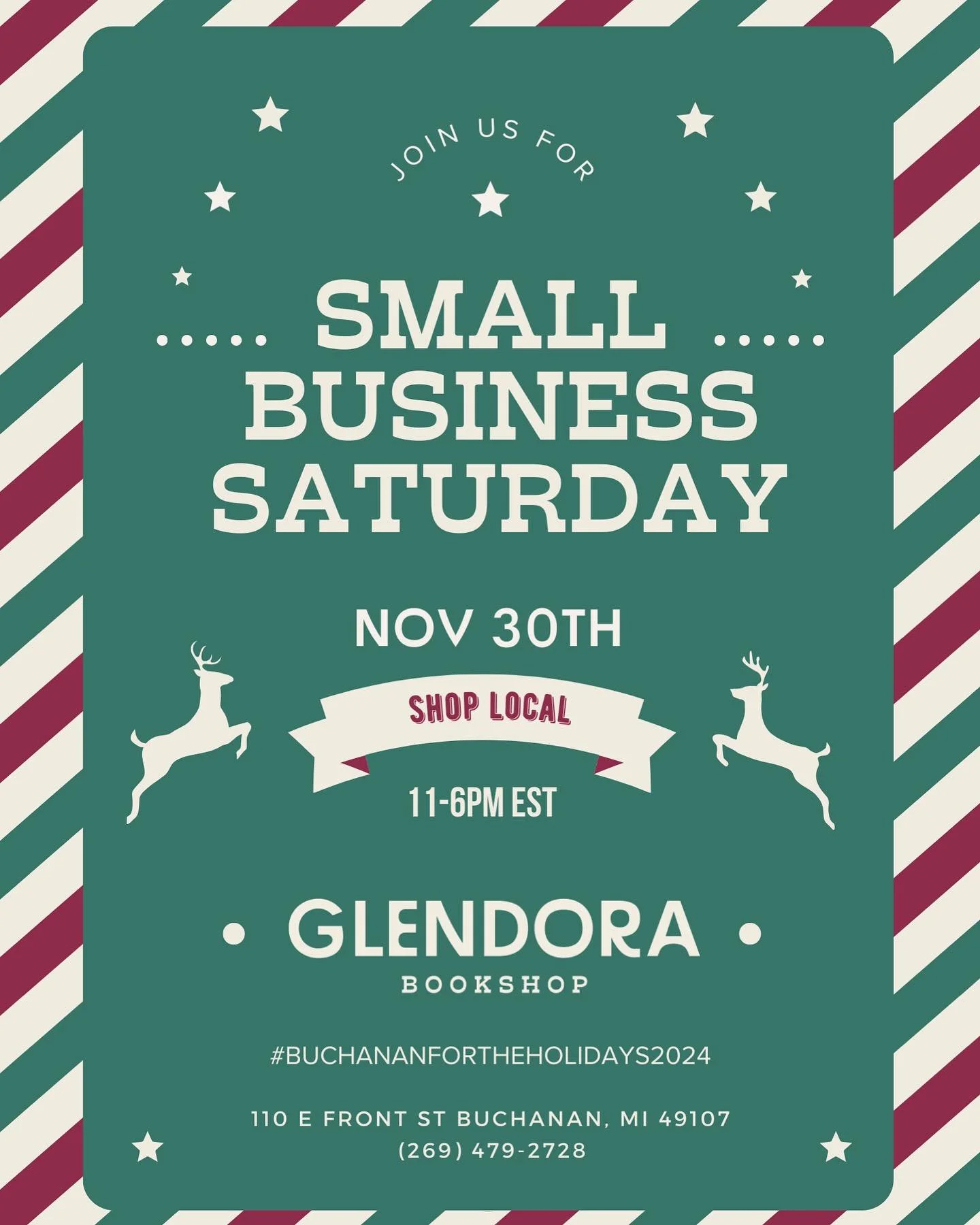 Join us tomorrow for Buchanan for the Holidays on Small Business Saturday ☃️🧤 Make a purchase with us, and get entered into a giveaway for a $25 Glendora Bookshop Gift Card on us! ❄️🎄🎁

*****

#michiganbookshops #buchananfortheholidays2024 #glendo