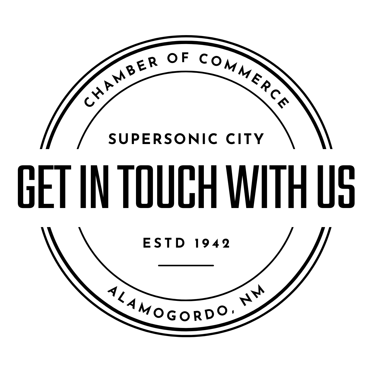 Dark grey circle: 'Contact' in large font, with a phone icon. Contact Alamogordo Chamber of Commerce: Reach out for inquiries and assistance with the help of Alamogordo Chamber of Commerce in Alamogordo, New Mexico.