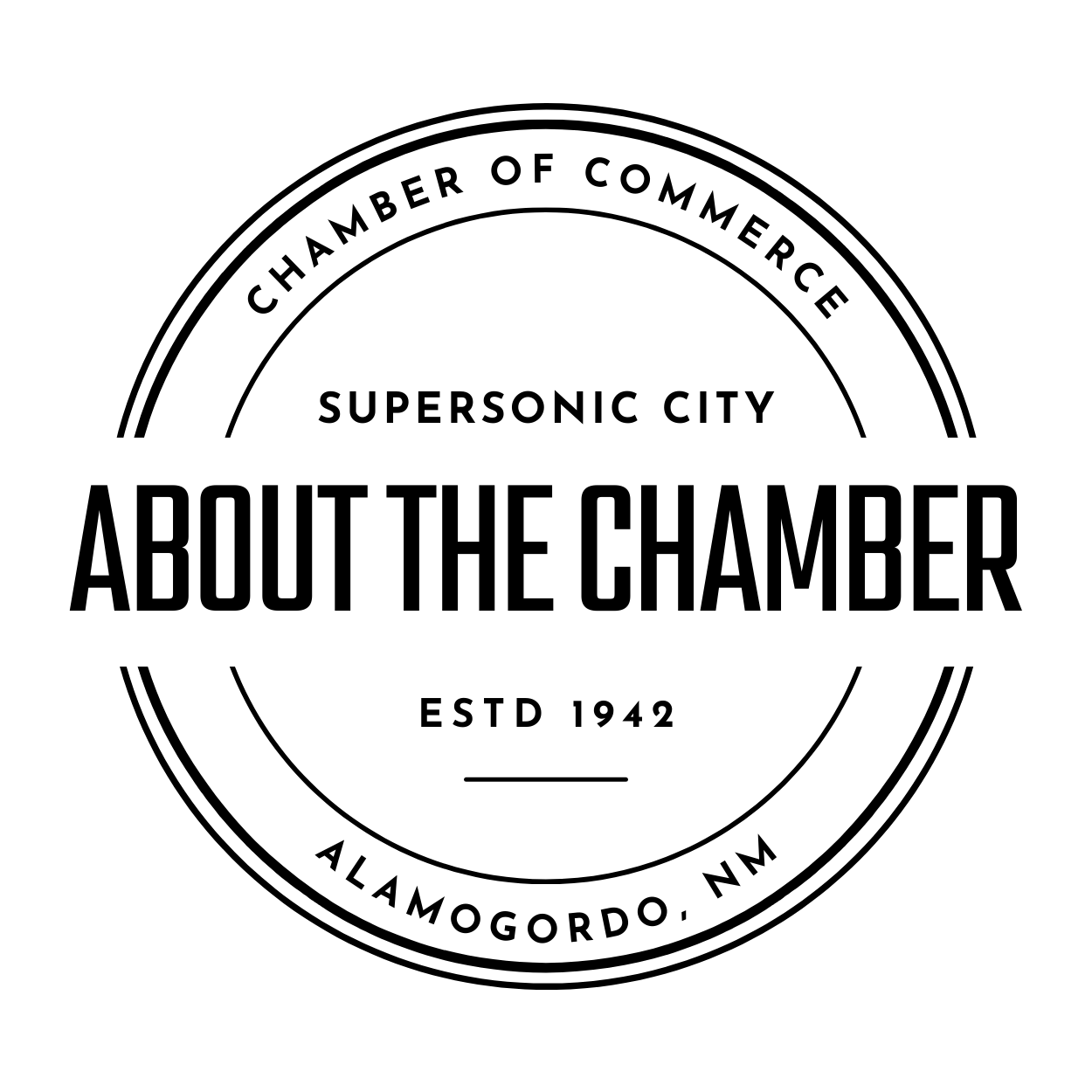 Dark grey circle: 'About' in large font, 'Alamogordo Chamber of Commerce since 1942' in small font. Alamogordo Chamber of Commerce since 1942: Fostering local businesses and community growth in Alamogordo, New Mexico.