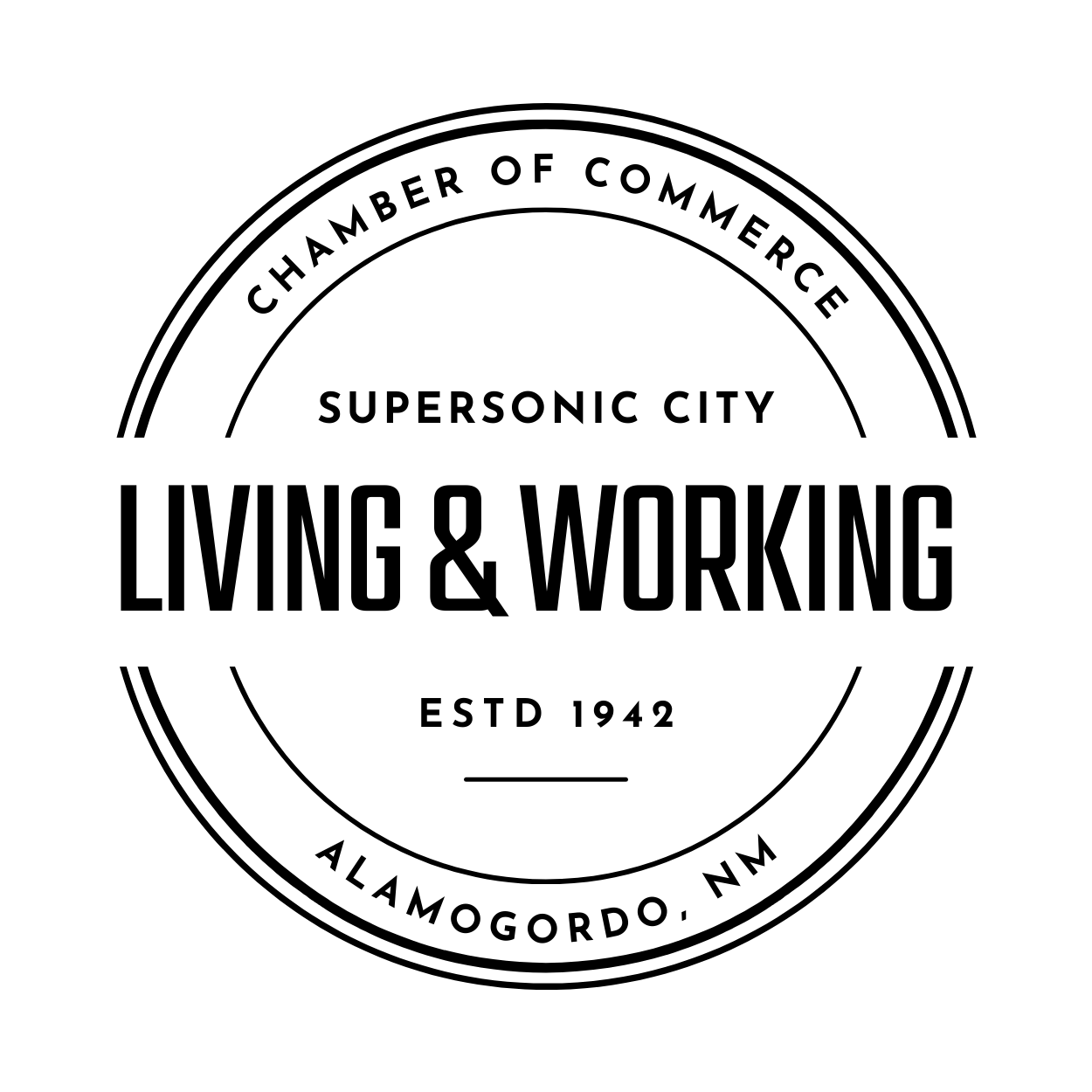 Dark grey circle: 'Live & work' in large font, with a briefcase icon. Live & work: Discover opportunities and resources offered by Alamogordo Chamber of Commerce for residents and businesses in Alamogordo, New Mexico.