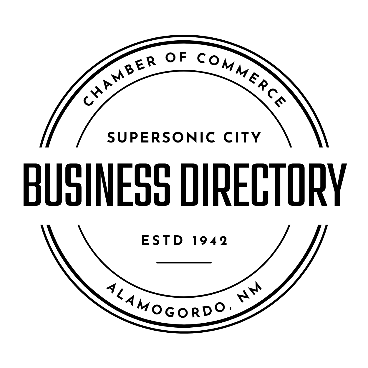 Dark grey circle: 'Directory' in large font, book with 'i' information icon on the right page. Directory: Explore Alamogordo Chamber of Commerce's resources and information hub for businesses in Alamogordo, New Mexico.