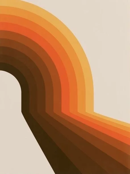 A retro-style rainbow with curved bands in shades of orange, brown, and yellow on a light background.