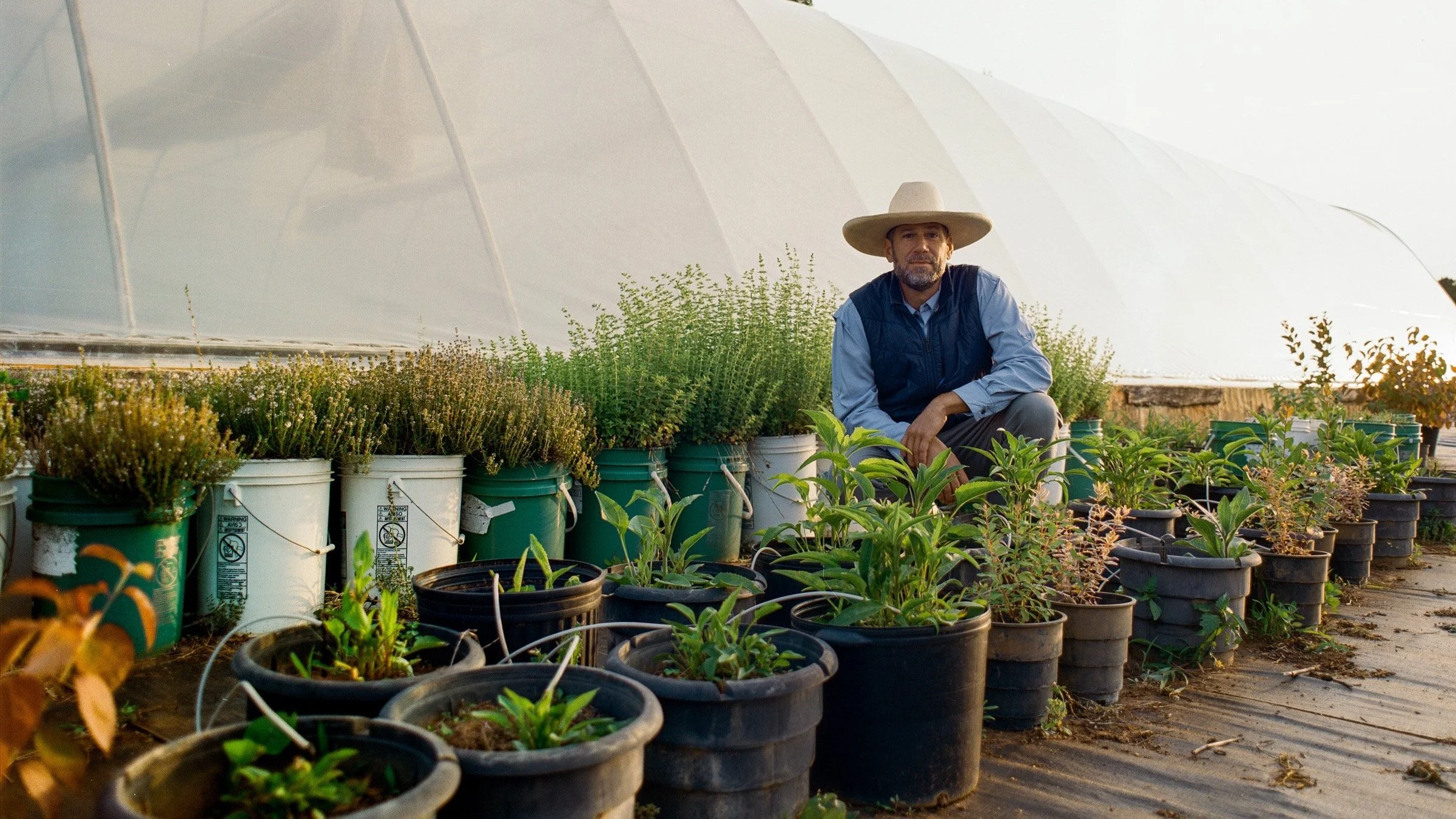 A man wearing a wide-brimmed hat and a blue vest sitting among potted plants inside a greenhouse during daytime, with sunlight illuminating the scene.