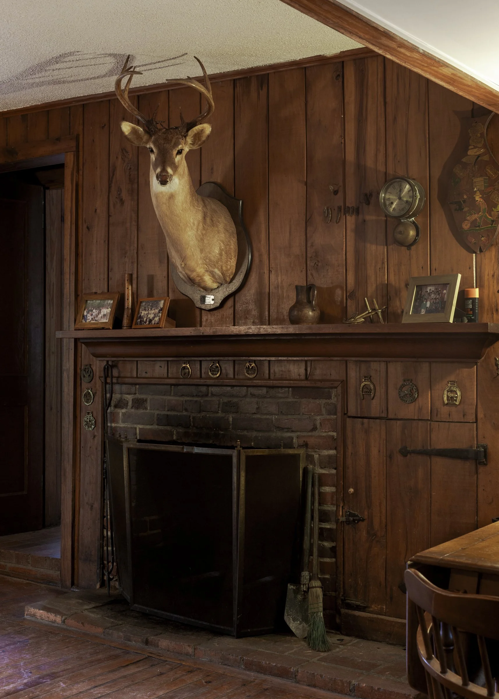 A mounted deer head with antlers hanging on a wood-paneled wall above a brick fireplace. There are framed photographs, a small vase, and other decorations on the mantel. A broom is leaning against the wall near the fireplace.