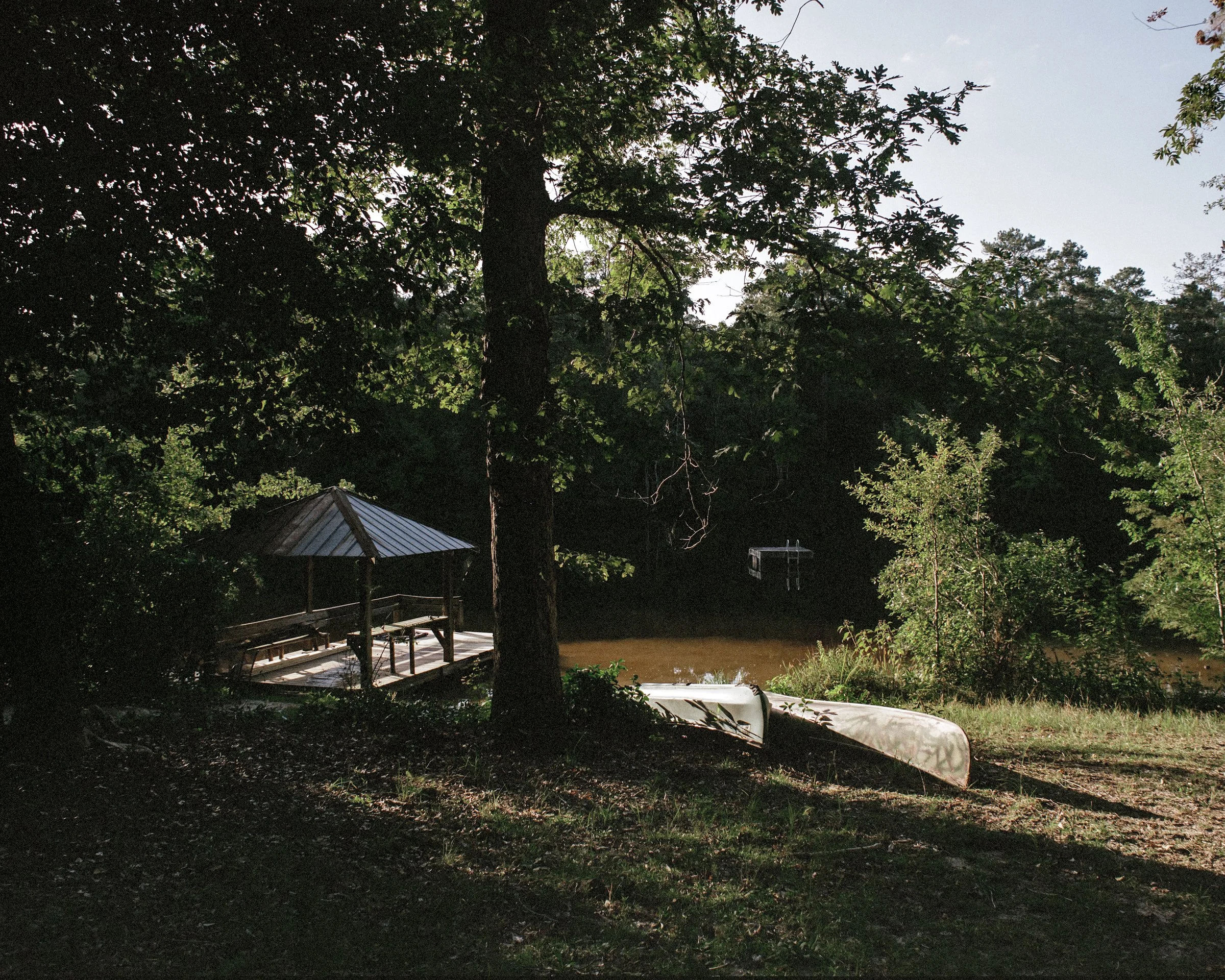 A wooded outdoor area with trees, a river, and a small dock with a boat upside down next to it.