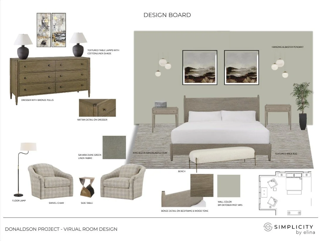 Design board for a bedroom with a neutral color palette, including a king bed with sandblasted teak tone wood, dual bedside tables, and artwork above the bed. Decor features include textured table lamps, a bench at the foot of the bed, and a textured area rug. Additional details show a dresser with bronze pulls, a floor lamp, swivel chairs, a side table, and a potted plant.