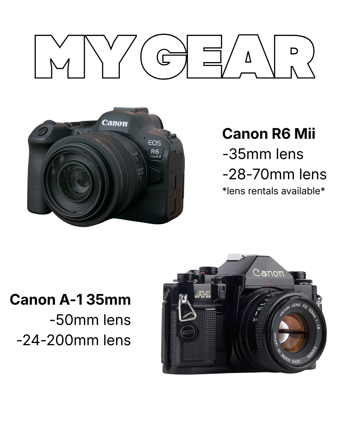 Two Canon cameras, one DSLR and one film camera, placed on a black background.