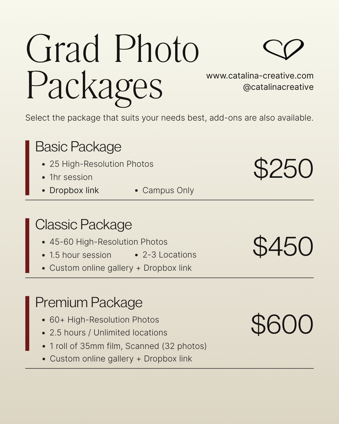 Graphic with text about graduation photo packages, listing basic, classic, and premium options with prices and details.