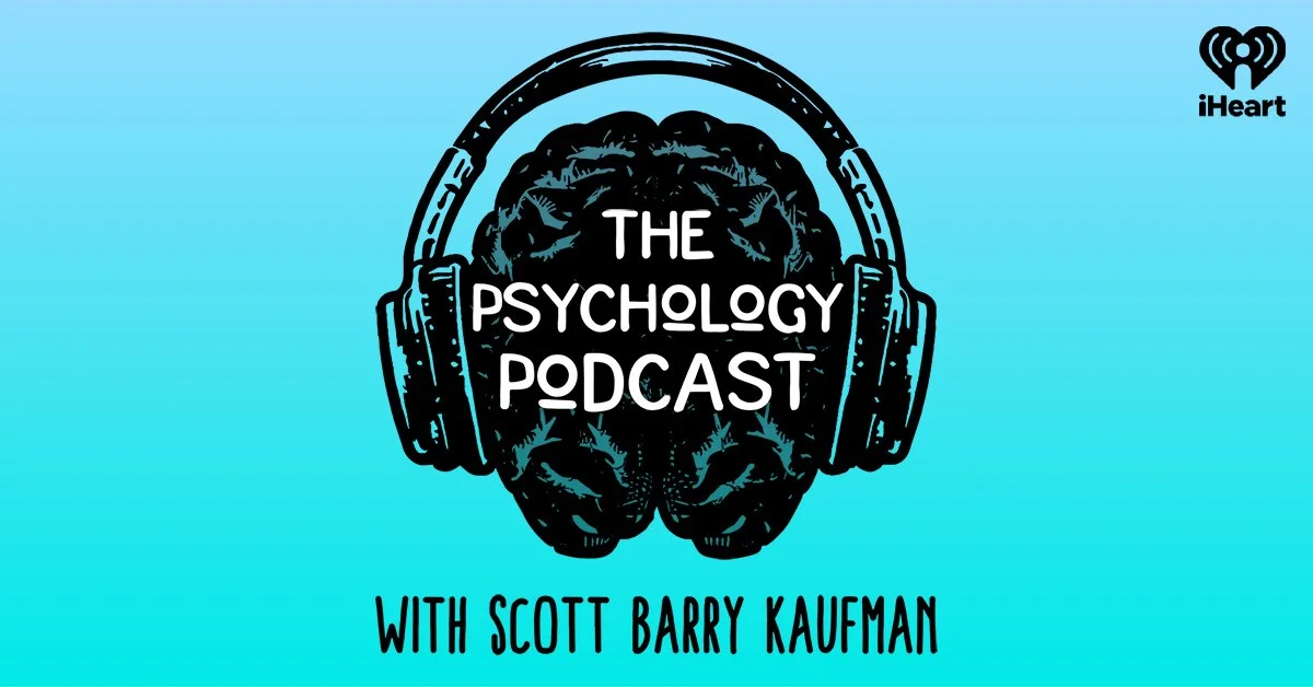 The Psychology Podcast logo featuring a brain wearing headphones on a blue background with text 'The Psychology Podcast with Scott Barry Kaufman'. iHeart logo in corner.