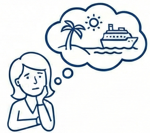 Illustration of a woman thinking about a vacation on a tropical island with a palm tree, sun, and cruise ship.