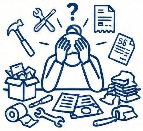 Person with hands on head surrounded by cleaning supplies, tools, paperwork, and clutter, indicating stress or frustration with cleanup or organization.